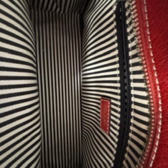Kate Spade New York "Tomato" Red Pebbled Leather Satchel – Striped Lining - Picture 3 of 11